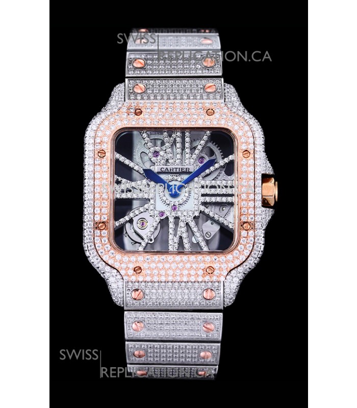 Cartier "Santos De Cartier" Skeleton moissanite Paved Super Clone Watch 