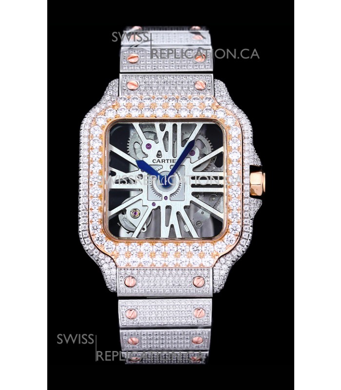 Cartier "Santos De Cartier" Skeleton moissanite Paved Super Clone Watch 