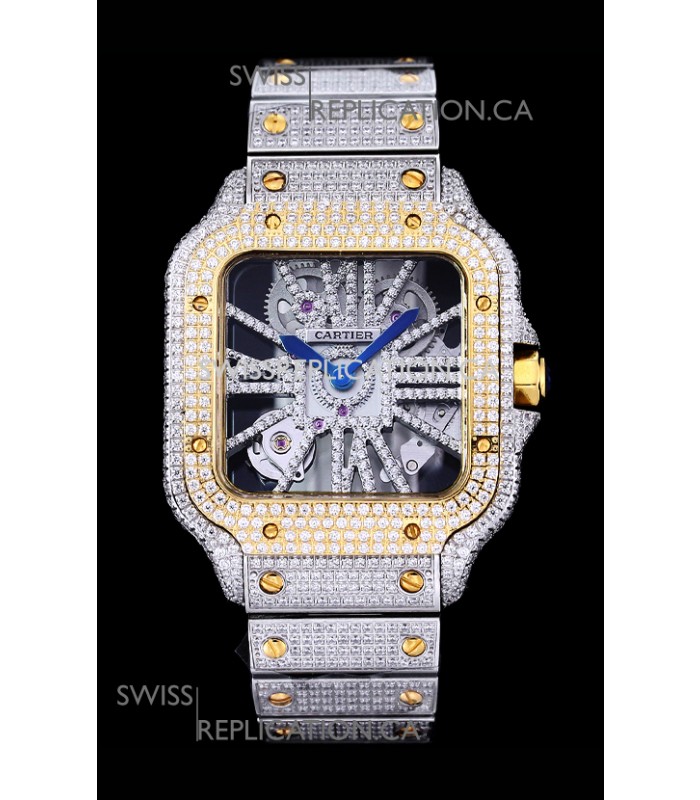 Cartier "Santos De Cartier" Skeleton moissanite Paved Super Clone Watch 