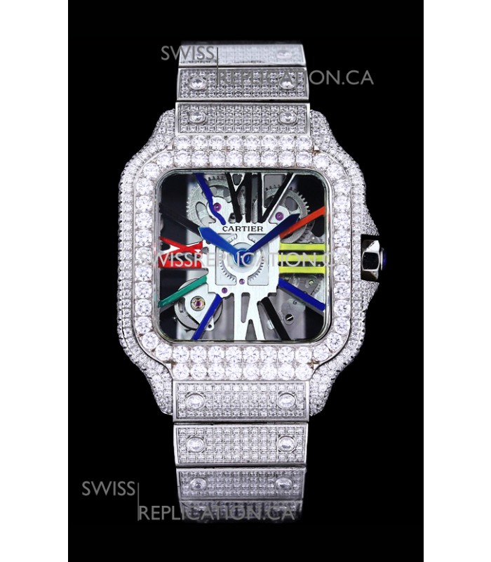 Cartier "Santos De Cartier" Skeleton moissanite Paved Super Clone Watch 