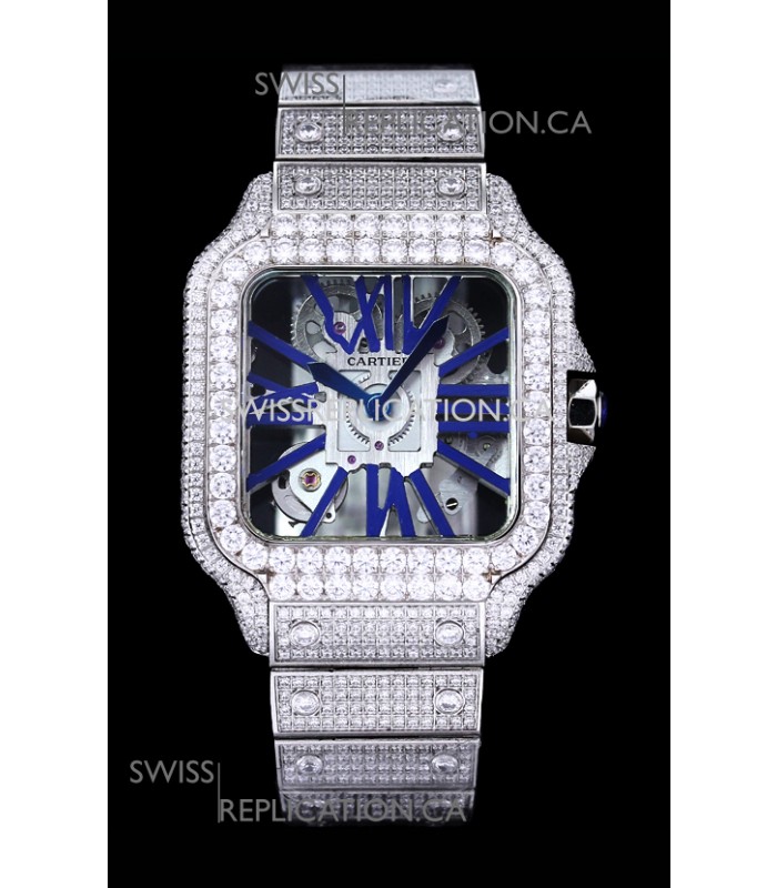 Cartier "Santos De Cartier" Skeleton moissanite Paved Super Clone Watch 