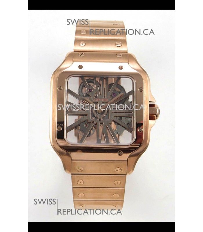 Cartier Santos Rose Gold Skeleton Dial Super Clone Watch 
