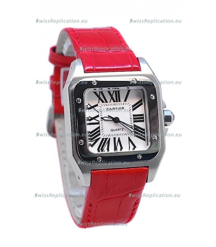 Cartier Santos 100 Japanese Ladies Replica Watch in Red Strap