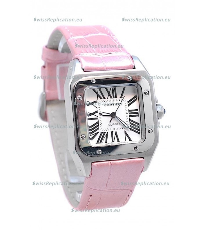 Cartier Santos 100 Japanese Ladies Replica Watch in Pink Leather Strap