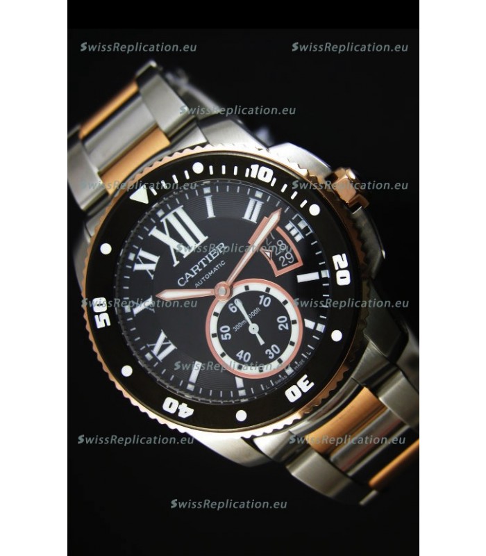 Calibre De Cartier Watch 42MM Black Dial Two Tone Case - 1:1 Mirror Replica Watch