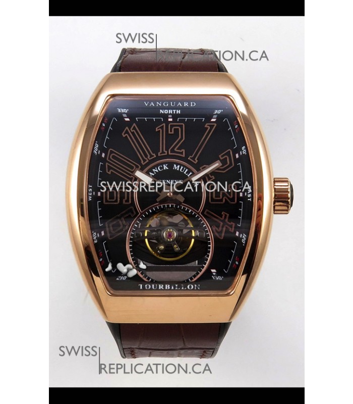 Franck Muller V45 Tourbillon Rose Gold Black Dial Black Leather Super Clone Watch 
