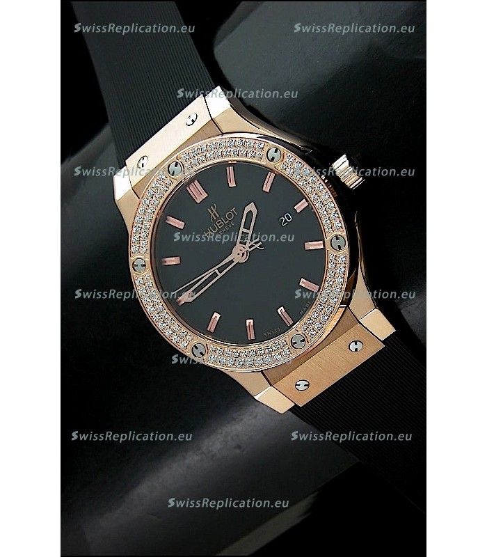 Hublot Fusion Bang Swiss Watch in Rose Gold Case Diamonds Bezel