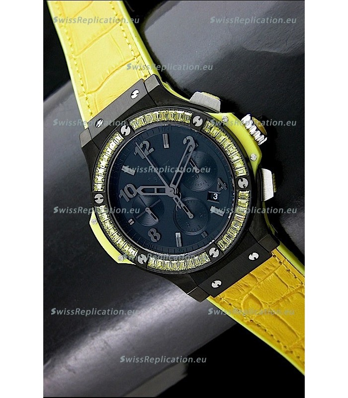 Hublot Big Bang All Black Edition in Lemon Strap and Baguette Diamonds Bezel