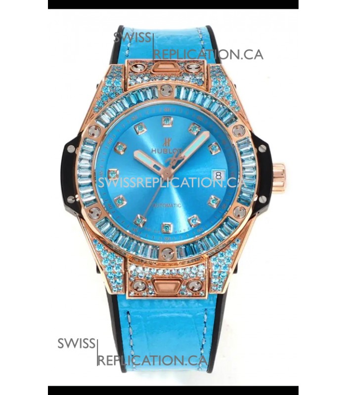 Hublot Big Bang One Click moissanite Rose Gold Super Clone Watch Blue Dial 
