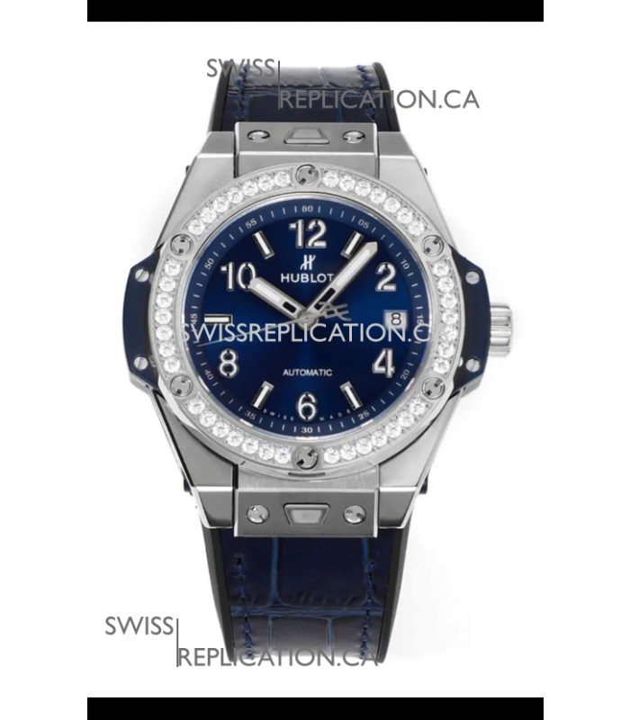 Hublot Big Bang One Click moissanite Bezel Super Clone Watch Blue Dial