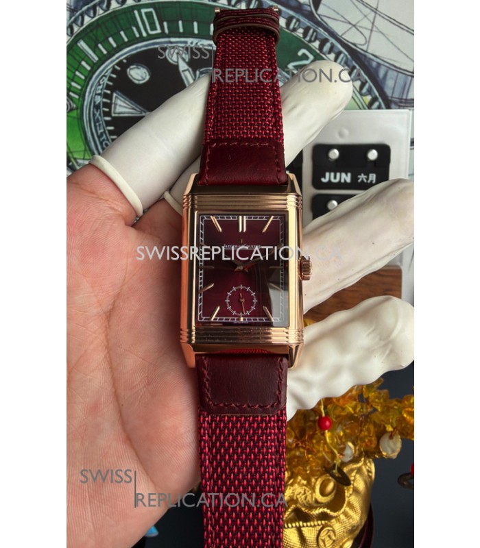 Jaeger-LeCoultre Reverso Tribute Duoface Rose Gold Burgundy & White Dial Super Clone Watch 