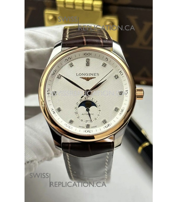 Longines Master Automatic Moonphase White Dial Rose Gold Super Clone Watch 