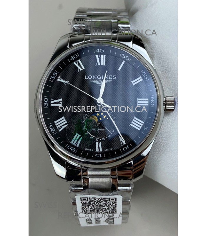 Longines Master Automatic Moonphase Black Dial Steel Case Super Clone Watch 