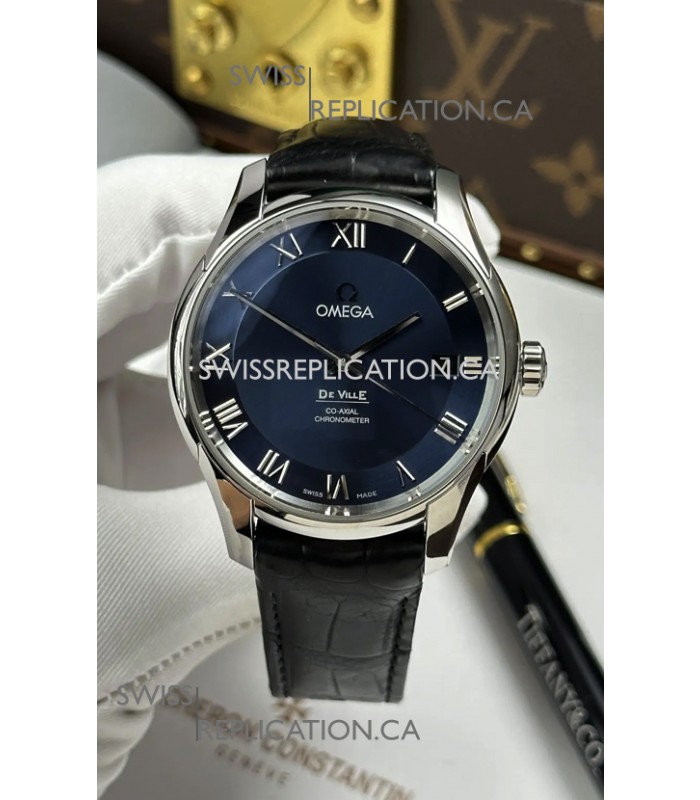 Omega De Ville Co-Axial 41MM Blue Dial Leather Strap Super Clone Watch 