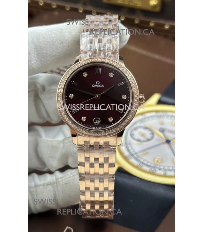 Omega De Ville Automatic 34MM Burgundy Dial Rose Gold Case Super Clone Watch 