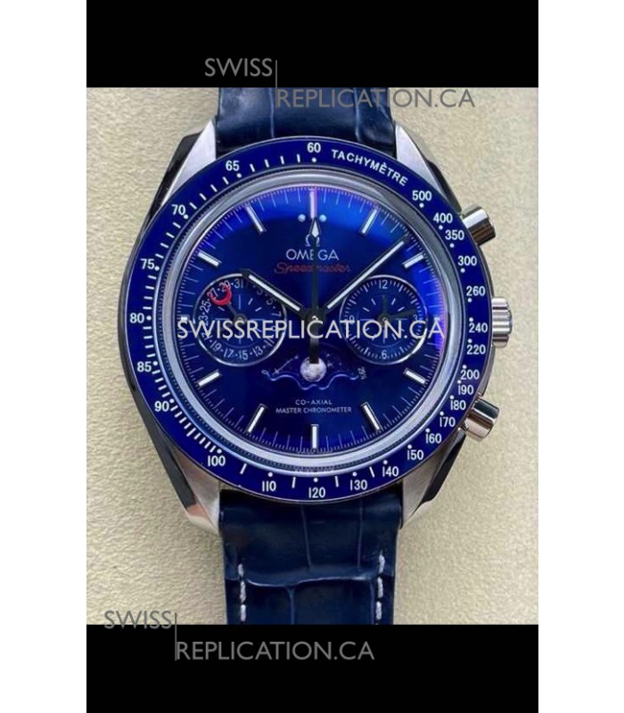 Omega Speedmaster Moonphase Blue Dial Leather Strap Super Clone Watch 