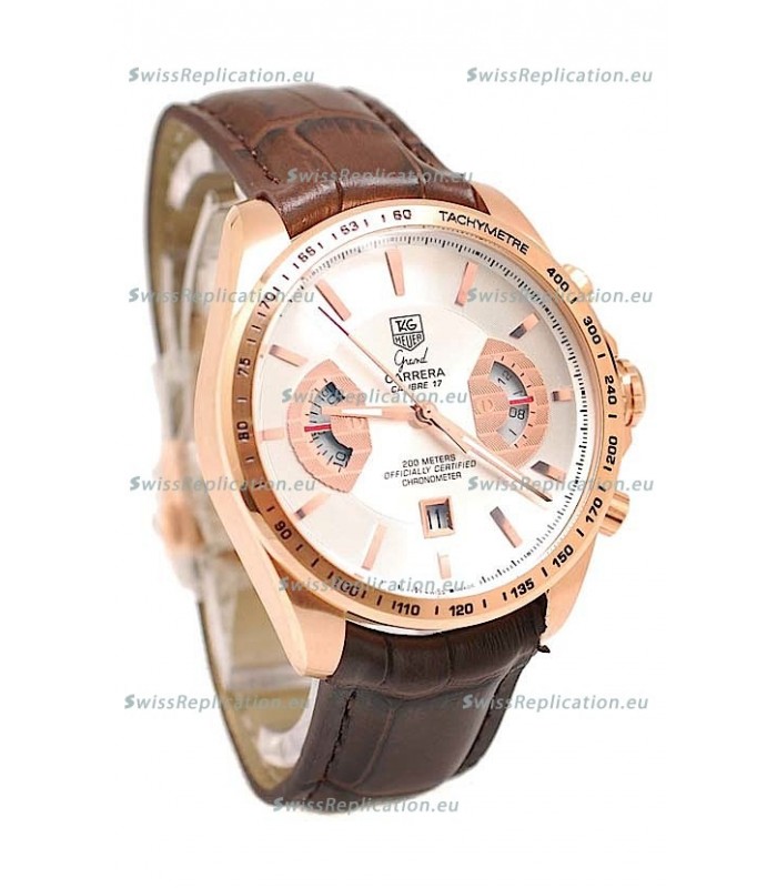 Tag Heuer Grand Carrera Japanese Replica Gold Watch in White Dial