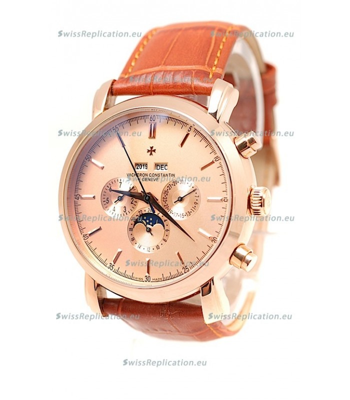 Vacheron Constantin Malte Perpetual Chronograph Japanese Replica Watch in Brown Strap