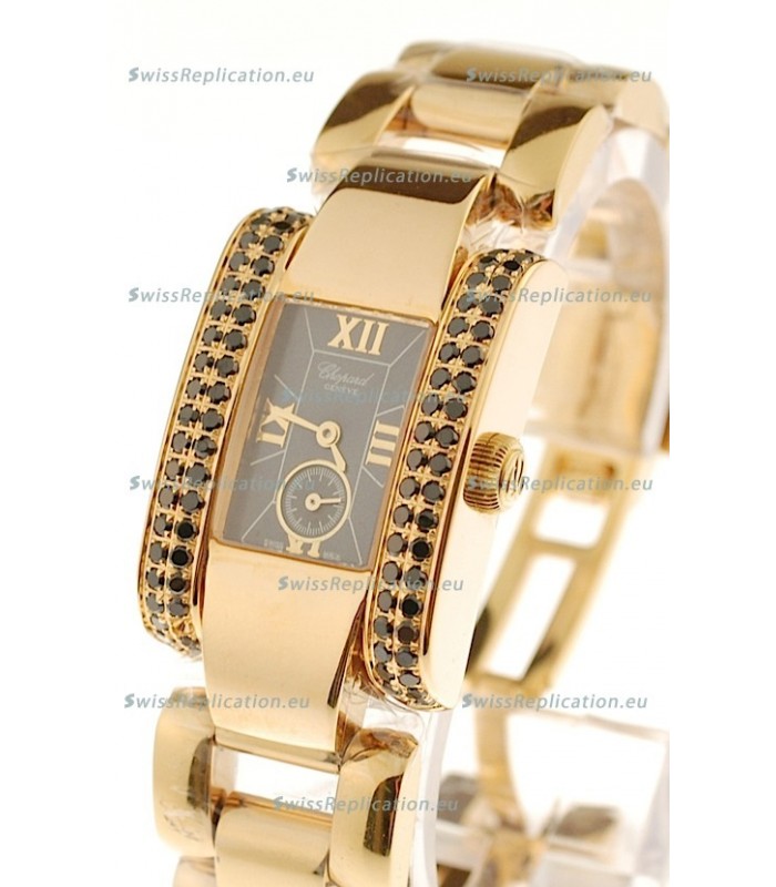 Chopard La Strada Swiss Ladies Replica Pink Gold Watch in Black Dial 