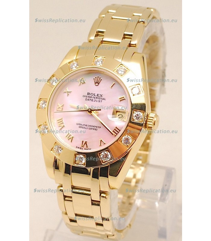 Rolex Datejust Pearlmaster Swiss Replica Gold Watch in Pink Pearl Dial -34MM