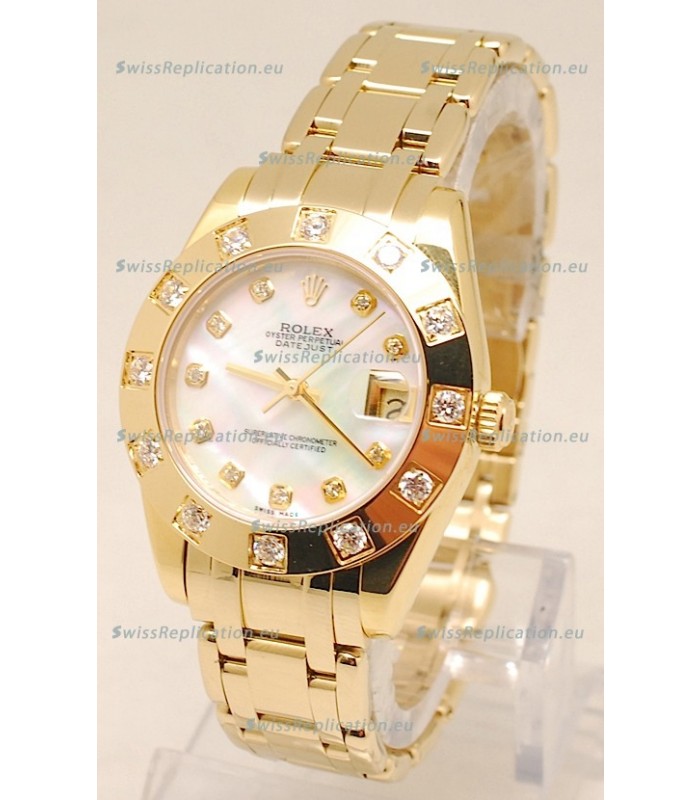 Rolex Datejust Pearlmaster Swiss Replica Gold Watch in White Pearl Dial -34MM