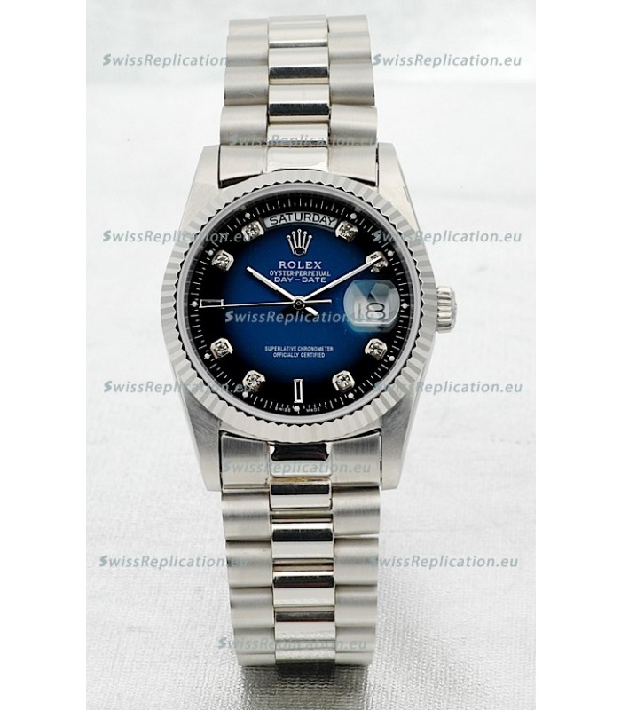 Rolex Day Date Silver Japanese Replica Watch in Blue Dial