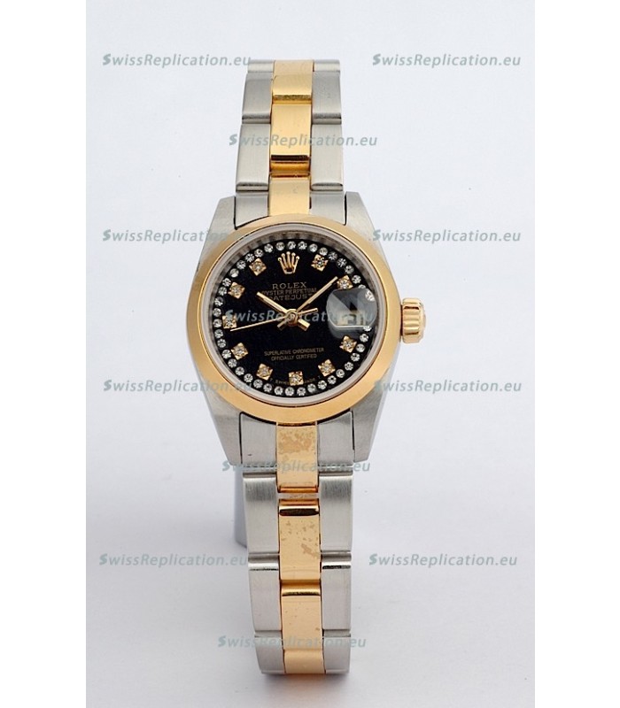 Rolex DateJust - Two Tone Ladies Swiss Replica Watch in Black Dial