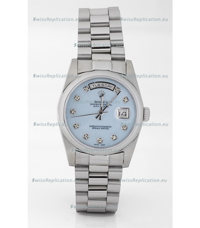Rolex Day Date Silver Japanese Replica Watch in Mother Of Pearl Blue Dial