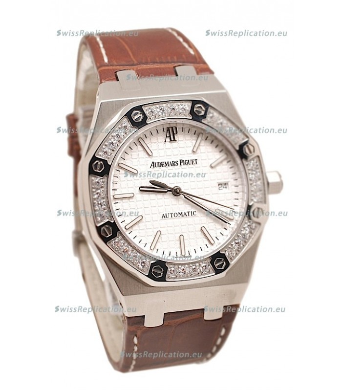Audemars Piguet Royal Oak Steel Swiss Watch in Brown Leather Strap