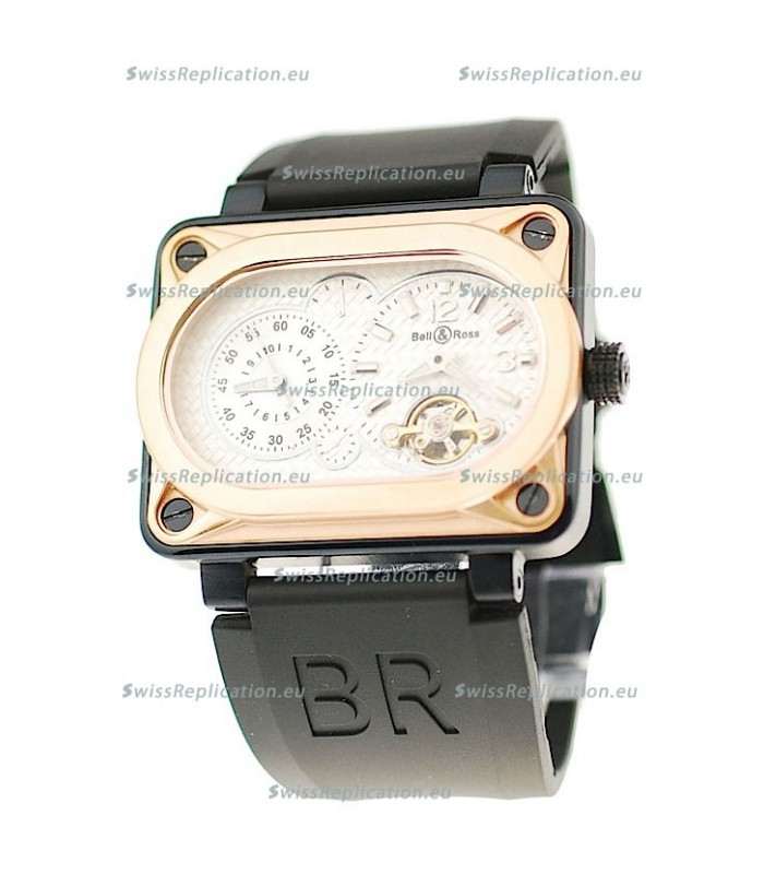 Bell and Ross BR Minuteur Tourbillon Japanese Replica Gold Watch in White Dial