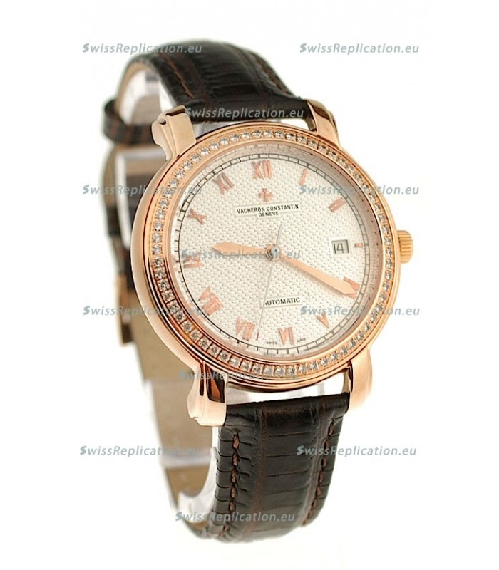 Vacheron Constantin Geneve Japanese Replica Gold Watch in Diamond Bezel