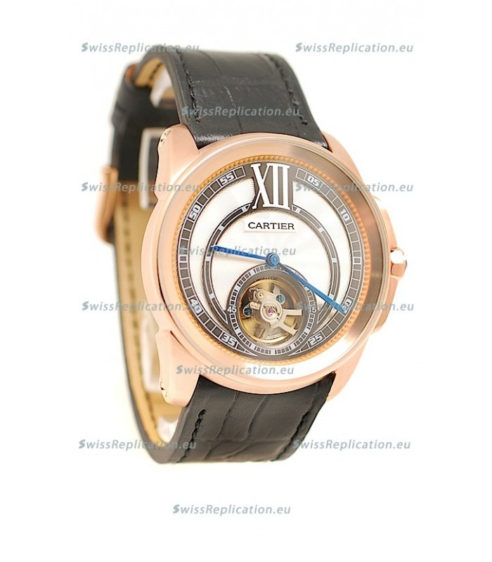 Calibre de Cartier Flying Tourbillon Japanese Replica Rose Gold Watch