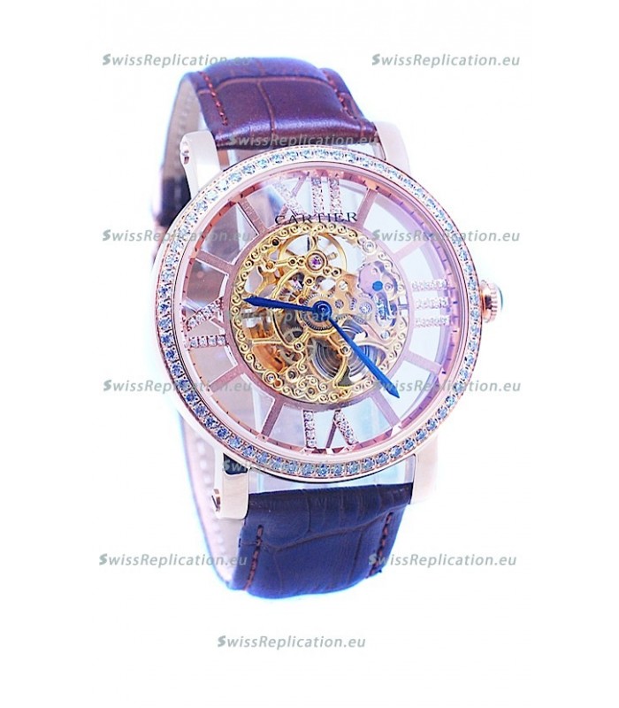 Ronde De Cartier Skeleton Rose Gold Japanese Watch in Diamond Bezel