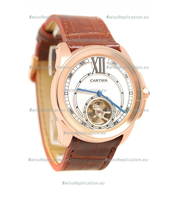 Calibre de Cartier Flying Tourbillon Japanese Replica Rose Gold Watch in Brown Strap