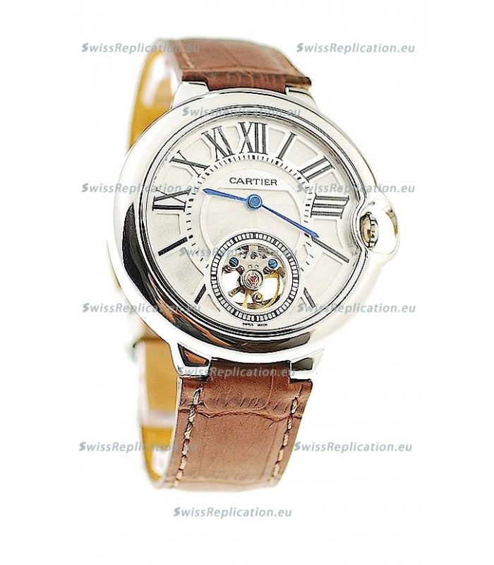Ballon Bleu De Cartier flying Tourbillon Japanese Replica Steel Watch in Brown Strap