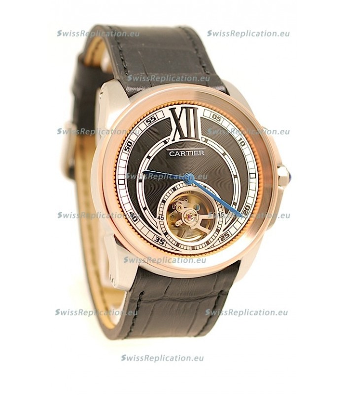 Calibre de Cartier Flying Tourbillon Japanese Replica Rose Gold Watch in Black Dial
