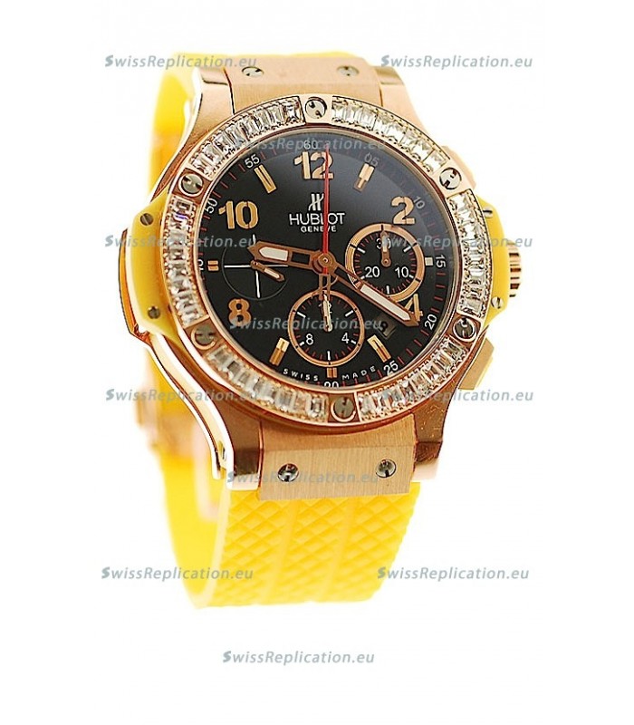 Hublot Big Bang Swis Watch Yellow Strap Black Dial Pink Gold Case