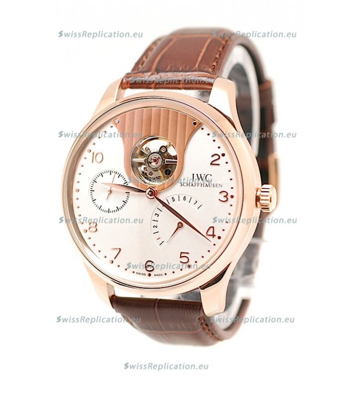 IWC Portuguese Tourbillon Mystere Japanese Replica Rose Gold Watch in White Dial