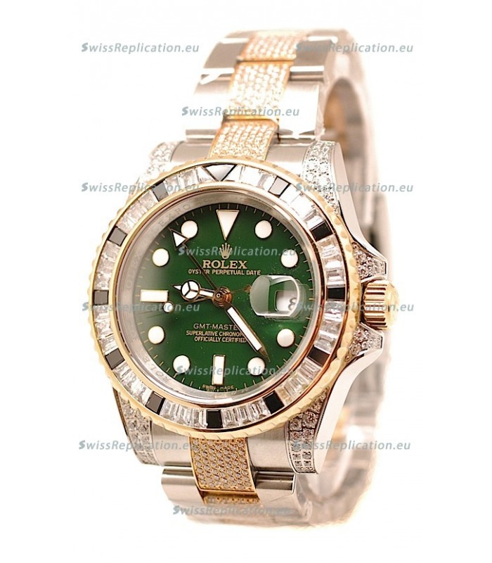 Rolex GMT Masters II 2011 Edition Swiss Replica Two Tone Watch with Diamonds Casing and Bezel