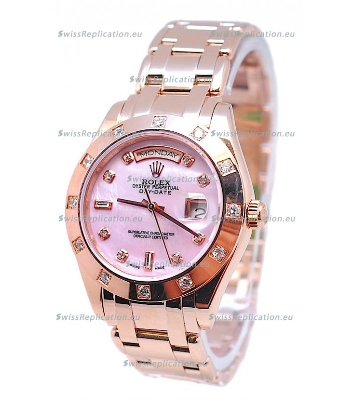 Rolex Day Date Pink Mother of Pearl Japanese Replica Watch in Diamond Markers