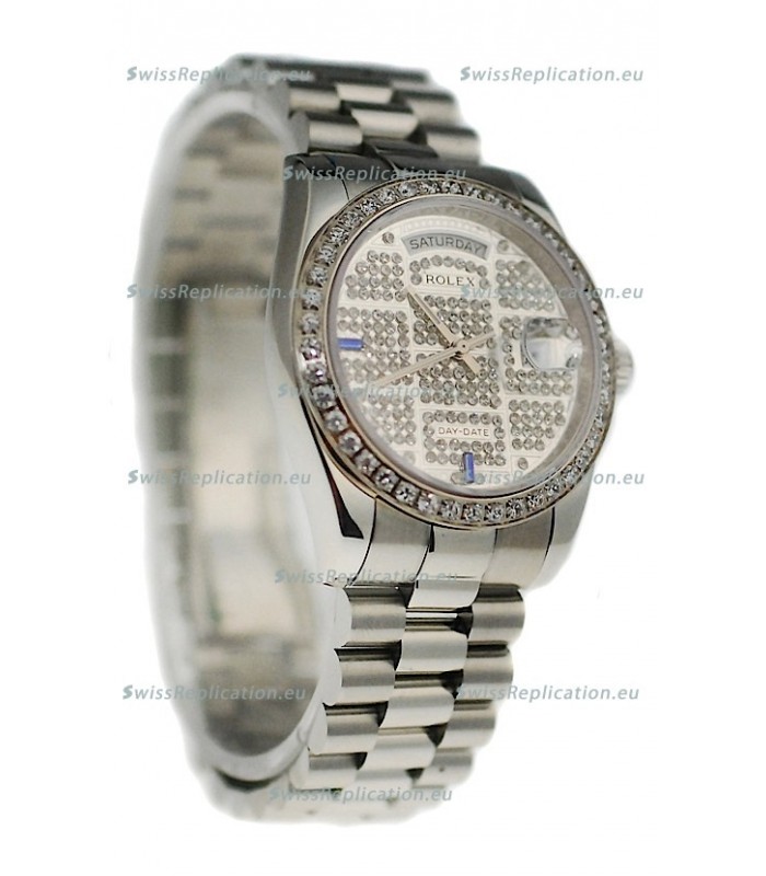 Rolex Day Date Silver Japanese Mens Watch in Diamond Dial