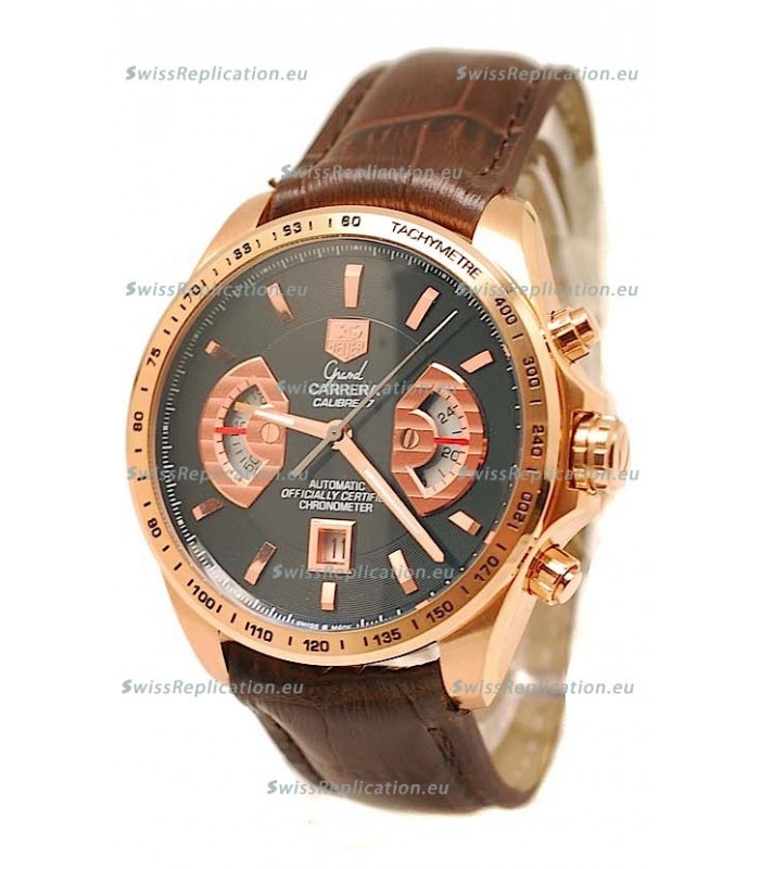 Tag Heuer Grand Carrera Japanese Replica Gold Watch in Black Dial