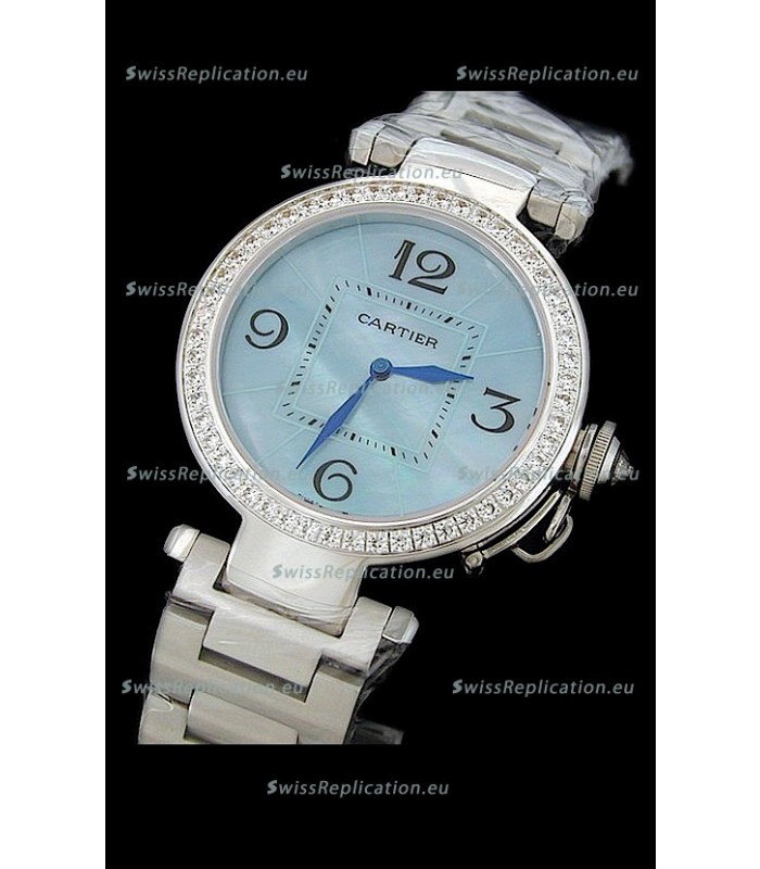 Cartier Pasha de Swiss Replica Automatic Watch in Light Blue Dial