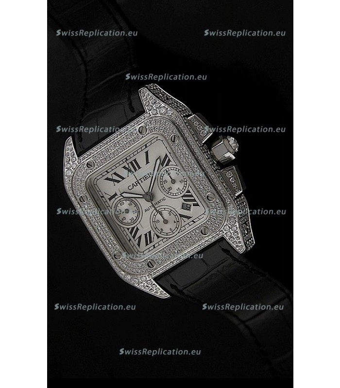 Cartier Santos Swiss Replica Watch with Diamonds Embedded Casing