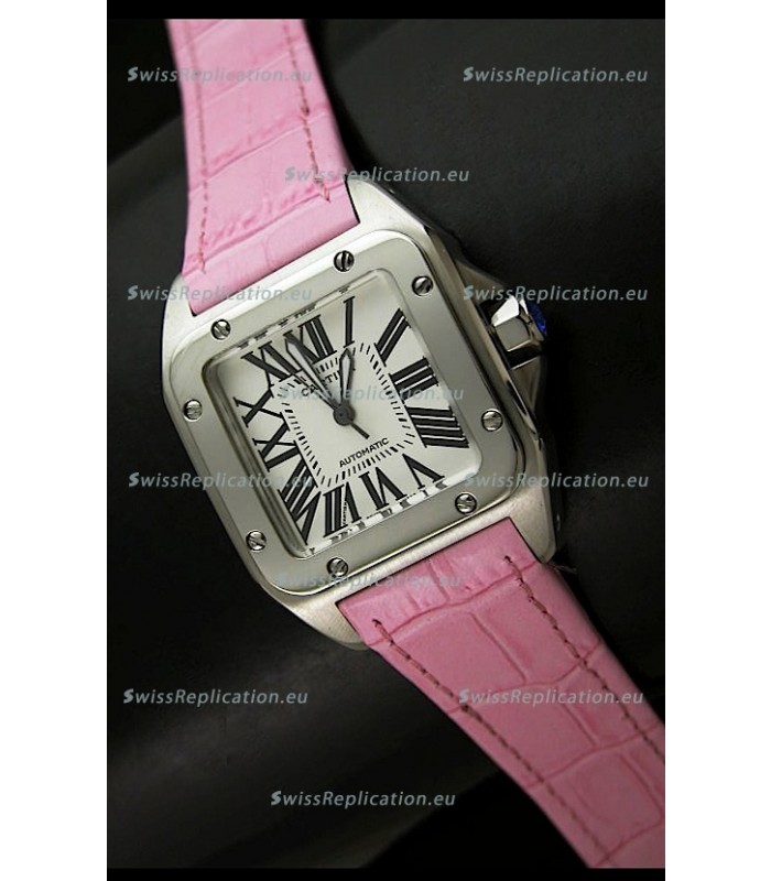 Cartier Santos Swiss Replica Automatic Watch in Pink Strap