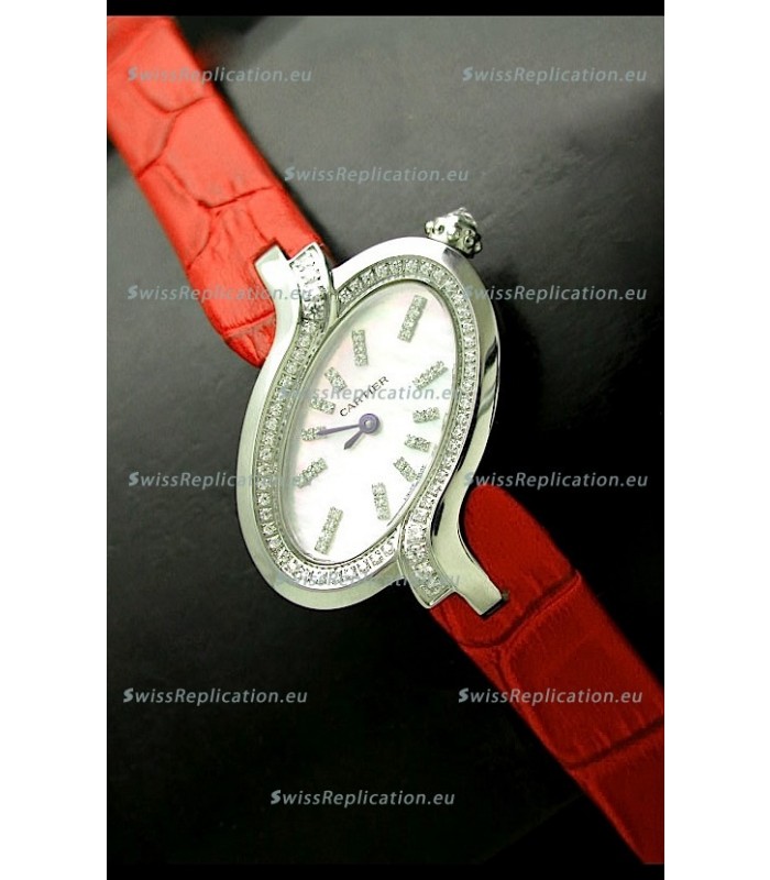 Delices De Cartier Ladies Replica Japanese Watch in Red Leather Strap