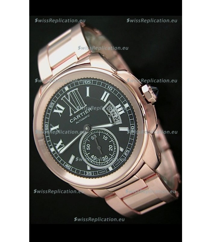 Calibre De Cartier Japanese Automatic Replica Rose Gold Watch in Black Dial