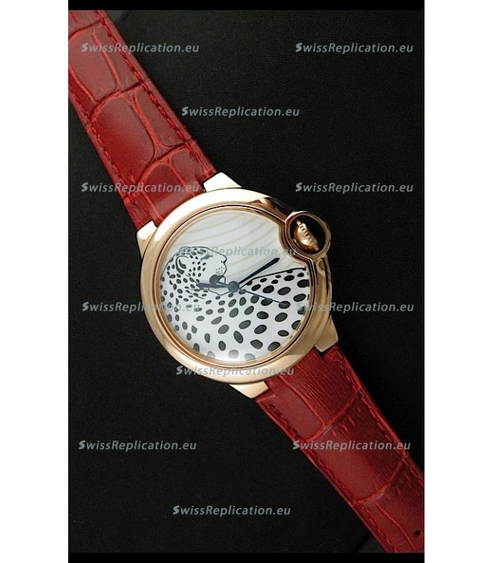Ballon De Cartier Watch in Brown Leather Strap Leopard Dial