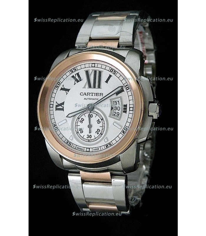 Cartier Calibre de Japanese Replica Rose Gold Watch in White Dial