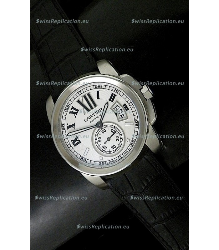 Cartier Calibre de Japanese Replica Steel Watch in Black Leather Strap